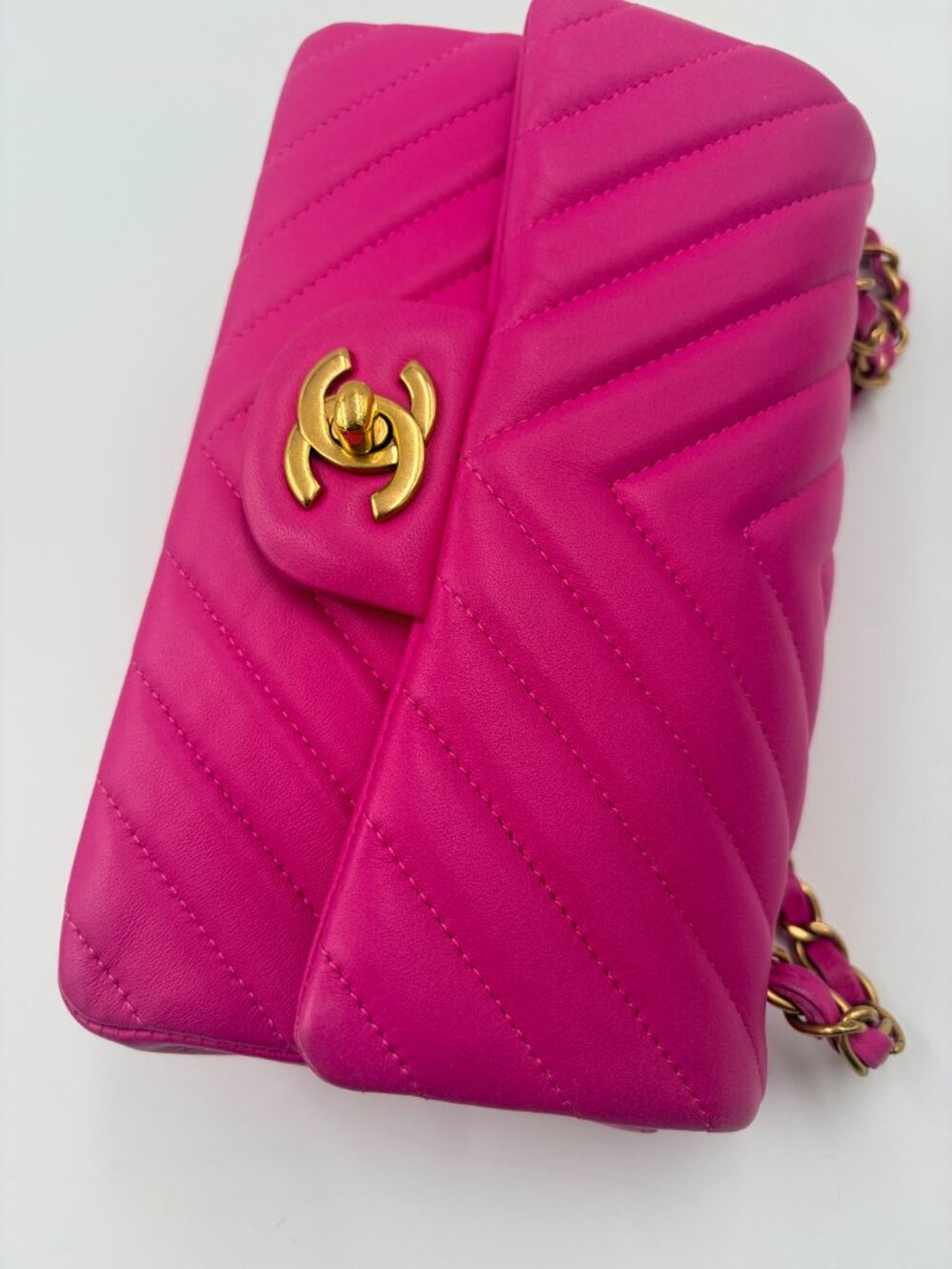 Authentic CHANEL Lambskin Chevron Mini Rectangular Pink with gold hardware - Picture 7 of 17